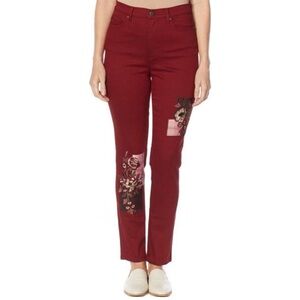 DG2 by Diane Gilman Stretch Embroidered Patched Jeans, Women’s 8P, Burgundy